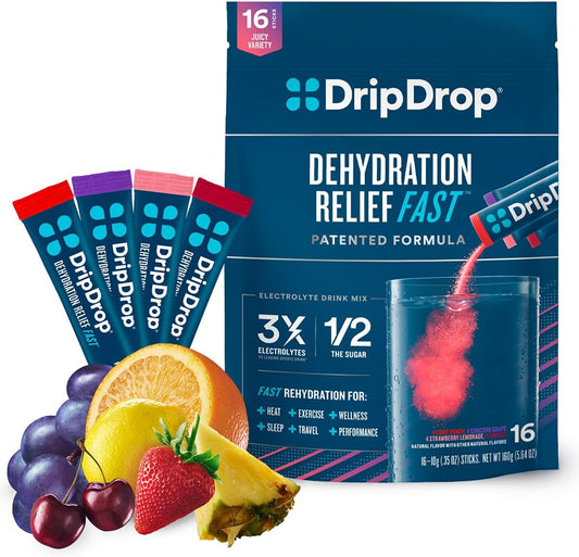 Hydration – Pack Variado de Hidratação Suculenta – Sachês de Pó para Bebida Eletrolítica – Uva, Ponche de Frutas, Limonada de Morango, Cereja – 16 Porções - DripDrop