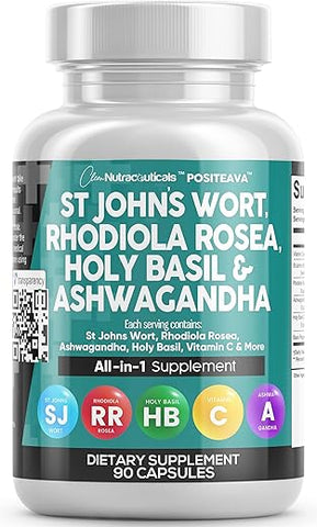 St Johns Wort 10.000mg, Rhodiola Rosea 20.000mg, Holy Basil 3.000mg, Ashwagandha 6.000mg – Suporte para o Humor com Vitamina C – Mulheres e Homens - Clean Nutraceuticals