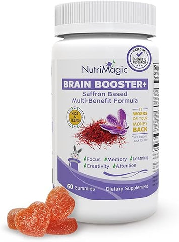 NutriMagic - Kids Brain Booster 2 em 1 Multivitamínico Nootrópico para Foco, Memória, Atenção, Humor – Gomas de Extrato de Açafrão Suplemento para Saúde Cerebral com Vitamina D3, B6, B12, Zinco, 60 Veganas