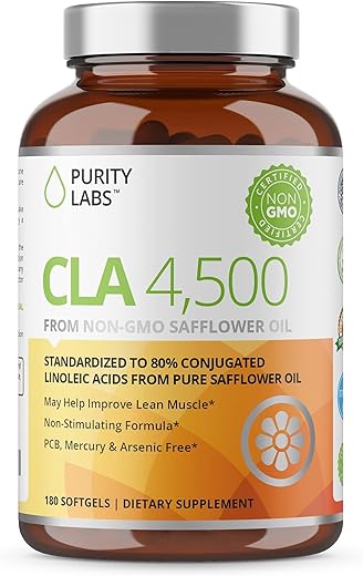 Suplementos Purity Labs CLA 4500MG – Óleo de Cártamo Não-OGM – Suporta Energia, Perda de Peso, Saúde Cardíaca e Muscular – 180 Softgels
