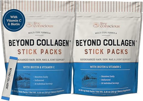 Live Conscious - Beyond Collagen Peptides Powder Unflavored Packets – Hidrolisado de Colágeno em Pó – Cabelo Pele Unhas –