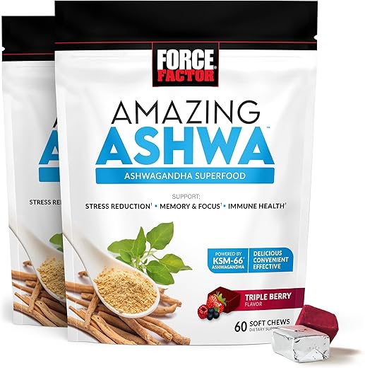Force Factor - FORCE FACTOR Amazing Ashwa para Alívio do Estresse, Memória, Concentração e Suporte Imunológico à Saúde, Suplemento de Ashwaganda com KSM-66 Ashwagandha para Estresse, 120 Gomas Macias