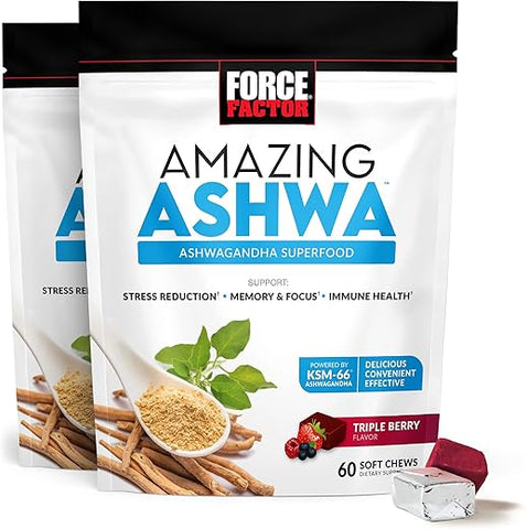 Force Factor - FORCE FACTOR Amazing Ashwa para Alívio do Estresse, Memória, Concentração e Suporte Imunológico à Saúde, Suplemento de Ashwaganda com KSM-66 Ashwagandha para Estresse, 120 Gomas Macias