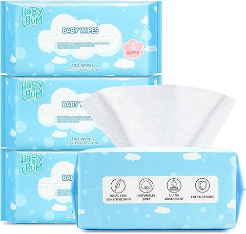 Lenços Umedecidos para Bebê – HAPPY BUM Tamanho Extra Grande, Design, 100% Fibra Vegetal, Lenços Descartáveis para Pele Sensível, Limpeza Rosto Mãos Corpo, 400 Unidades (4…)