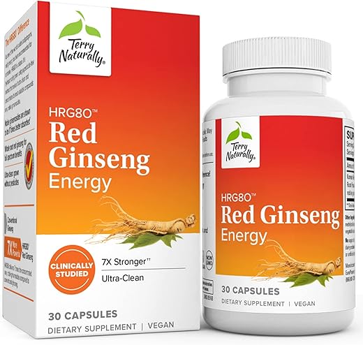 HRG80 Ginseng Vermelho Energético – 30 Cápsulas – Pó de Raiz de Ginseng Vermelho, Panax Ginseng, HRG80 – Não-OGM, Vegano, Sem Glúten – 30 Porções - Terry Naturally