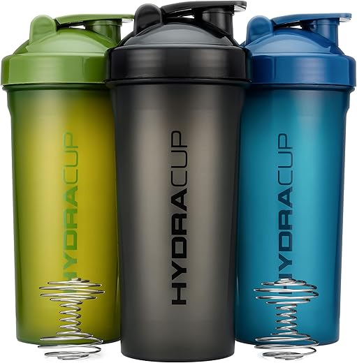 Kit com 3 Garrafas de 45 ml para Shake de Proteína, Copos Grandes com Misturador de Bola, Garrafa Extra Grande com Alça (Cores Escuras) - Hydra Cup