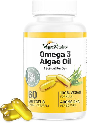 Ômega 3 Vegano – 60 Cápsulas de Óleo de Algas à Base de Plantas, Ácidos Graxos Essenciais com DHA Vegano para Articulações e Coração - Vegan Vitality