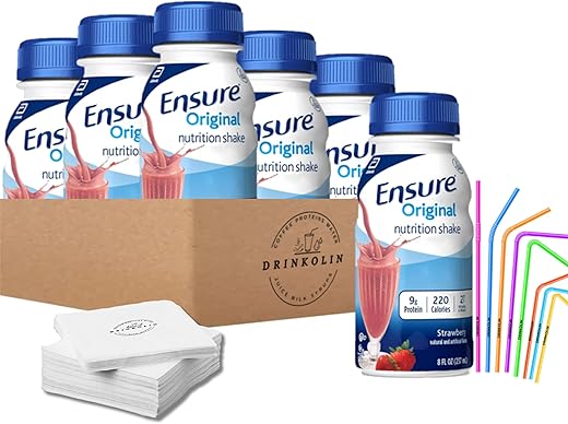 Kaxilu - Ensure Original Shake Morango 6 Pack – Nutricional, Rico em Vitaminas e Minerais, com Canudos Drinkolin – 8 OZ (237 ml)