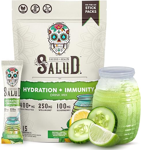 Taste Salud - Salud Pacotes de Hidratação 2 em 1, Pó de Eletrólitos para Imunidade, Sabor Pepino Limão – Mistura para Bebida Agua Fresca, Sabugueiro, Sem Lactose