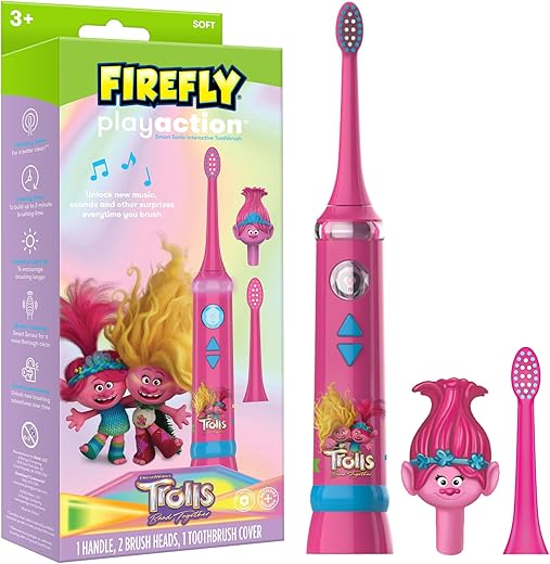 Kit Escova de Dentes Elétrica Inteligente FIREFLY Play Action Trolls, com Luzes, Música e Jogos Interativos, Pilhas Inclusas, Idade 3+