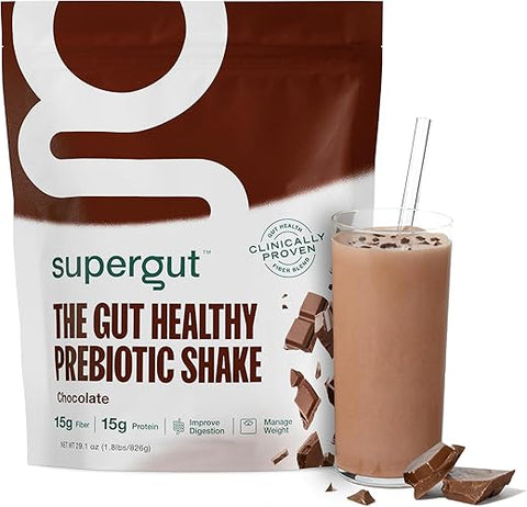 Shakes Prebióticos | Substituto de Refeição | Estimula GLP-1 | Alta Proteína e Fibra | Sem Açúcar | Alimento Keto, Refeição, Lanche (Chocolate, 14 Porções) - Supergut