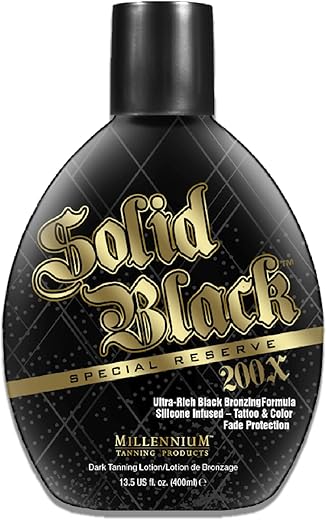 Millennium Tanning Products - Bronzeador Millennium Tanning Solid Black Special Reserve 200X, Loção Bronzeadora c/ Protetor de Tatuagem, 400ml