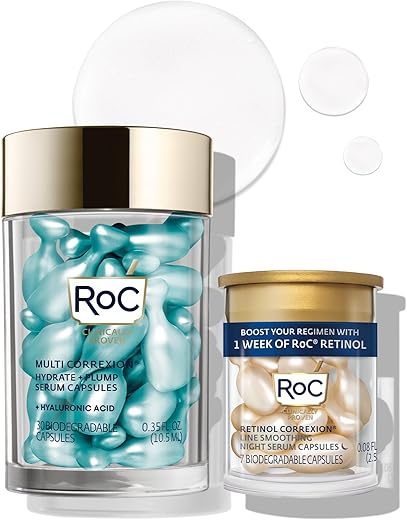 Multi Correxion Cápsulas de Soro Noturno com Ácido Hialurônico (30 CT) para hidratação intensa RoC Cápsulas de Retinol (7 CT), Rotina de Cuidados com a Pele, Tratamento Antienvelhecimento para Rugas - RoC