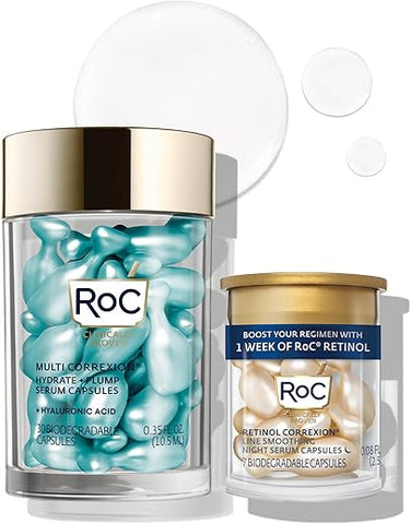 Multi Correxion Cápsulas de Soro Noturno com Ácido Hialurônico (30 CT) para hidratação intensa RoC Cápsulas de Retinol (7 CT), Rotina de Cuidados com a Pele, Tratamento Antienvelhecimento para Rugas - RoC