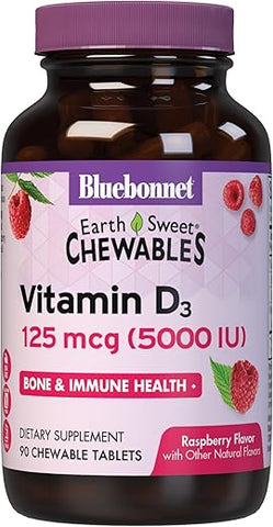 Nutrition Earth Sweet Vitamina D3 5000 UI Comprimidos Mastigáveis, Auxilia no Fortalecimento Muscular - Bluebonnet