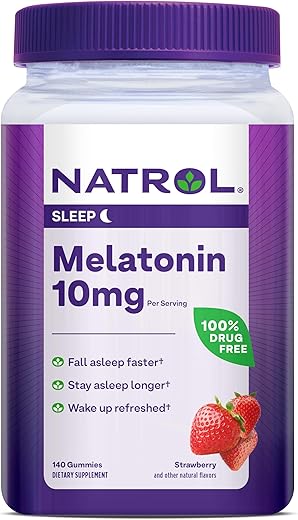 Gomas de Melatonina 10mg, Suporte para Dormir, Suplemento para Dormir, 140 Gomas com Sabor de Morango, 70 Dias de Fornecimento - Natrol