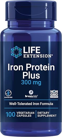 Iron Protein Plus: Suplemento de ferro proteico succinilato, absorvível para saúde integral, sem OGM, sem glúten, vegetariano, 100 cápsulas - Life Extension