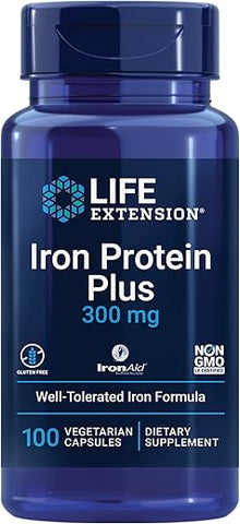 Iron Protein Plus: Suplemento de ferro proteico succinilato, absorvível para saúde integral, sem OGM, sem glúten, vegetariano, 100 cápsulas - Life Extension