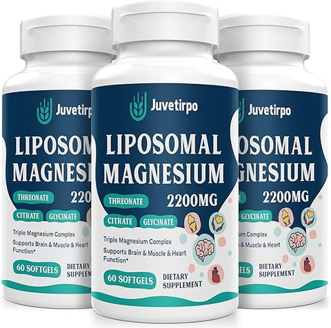 Juvetirpo - Liposomal Magnesium Complex 2200MG Softgels – Threonate, Glycinate, Citrate – Poderoso Suplemento, Livre de Glúten – 60 Softgels (Pacote com 3, Total 180)