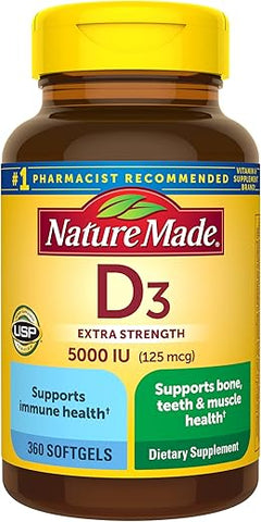 Vitamina D3 Extra Forte 5000 UI (125 mcg), Suplemento para Saúde Óssea, Dental, Muscular e Imunológica, 360 Softgels, Fornecimento de 360 Dias - Nature Made