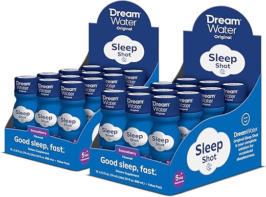 Bebida para Dormir com Melatonina 5mg, GABA, 5-HTP; Zero açúcar, Sabores Naturais, Sem corantes adicionados, 75ml shots líquidos para dormir, Snoozeberry, 24 unidades - Dream Water