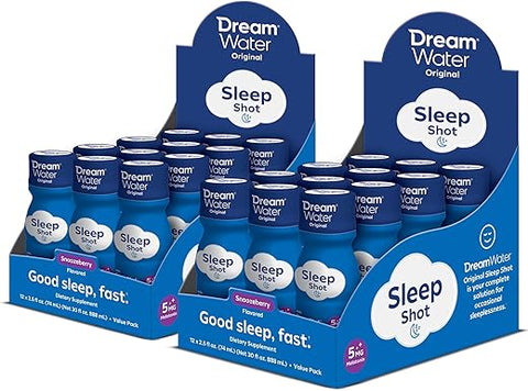 Bebida para Dormir com Melatonina 5mg, GABA, 5-HTP; Zero açúcar, Sabores Naturais, Sem corantes adicionados, 75ml shots líquidos para dormir, Snoozeberry, 24 unidades - Dream Water