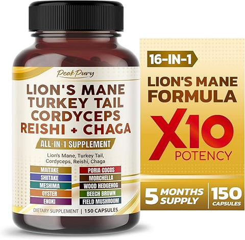 PEAKPURY - Lion’s Mane 6000mg Turkey Tail 6000mg Cordyceps 3000mg Reishi 3000mg Chaga 3000mg – Suporte Geral ao Bem-Estar – Fabricado nos EUA