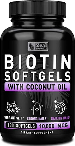 Biotina com Óleo de Coco para Cabelo 10000mcg (180 Softgels) – Vitaminas para Cabelo, Pele e Unhas – Cápsulas de Biotina para Mulheres e Homens - Zeal Naturals