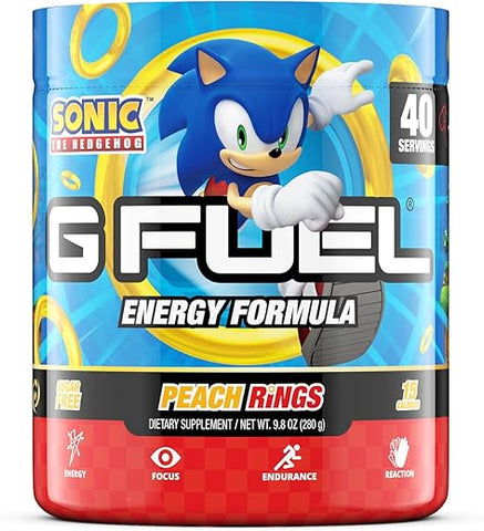 Sonic Energy Powder – Pó Energético, Sem Açúcar, Suplemento de Foco com Cafeína Limpa, Mistura para Água, Sabor de Doces de Pêssego, Aminoácidos de Foco, Mistura de Vitaminas e Antioxidantes – 280g (40 Porções) - G Fuel