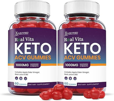 Justified Laboratories - (2 Pacotes) Real Vita Keto ACV Gummies 1000MG com Suco de Romã, Beterraba e Vitamina B12 – 120 Gomas