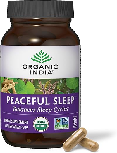 ORGANIC INDIA - Suplemento Herbal Organic India Peaceful Sleep – Suporte aos Ciclos de Sono, Vegano, Sem Glúten, Certificado Orgânico pelo USDA, Não-OGM, Energia Suportada