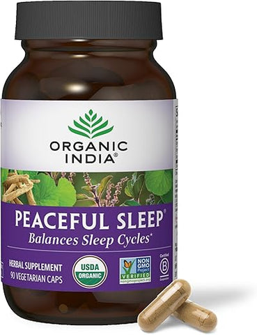 ORGANIC INDIA - Suplemento Herbal Organic India Peaceful Sleep – Suporte aos Ciclos de Sono, Vegano, Sem Glúten, Certificado Orgânico pelo USDA, Não-OGM, Energia Suportada
