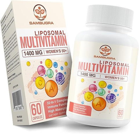 Sambugra - Liposomal Multivitamínico para Mulheres 50 – Multivitamínico Diário para Mulheres com 32 Ingredientes, CoQ10, Vitaminas C, B, D, E para Saúde Cardiovascular