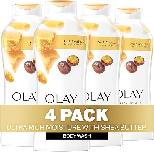 Ultra Rich Moisture Body Wash para Mulheres, Nutrição Profunda, Complexo de Vitamina B3, Comprovado Clinicamente, Fragrância de Manteiga de Karité, 22 fl oz (Pack de 4) - Olay