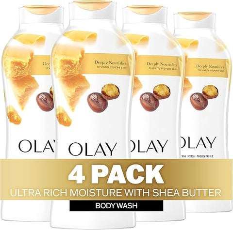 Ultra Rich Moisture Body Wash para Mulheres, Nutrição Profunda, Complexo de Vitamina B3, Comprovado Clinicamente, Fragrância de Manteiga de Karité, 22 fl oz (Pack de 4) - Olay