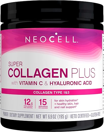 Super Collagen Plus com Vitamina C e Ácido Hialurônico para Hidratação e Saúde da Pele, Cabelos e Unhas, Pó de Colágeno, 200g, 1 Frasco - NeoCell