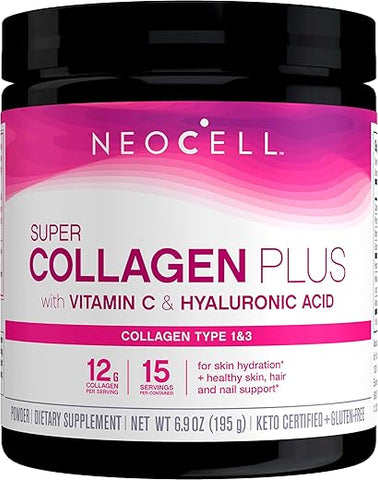Super Collagen Plus com Vitamina C e Ácido Hialurônico para Hidratação e Saúde da Pele, Cabelos e Unhas, Pó de Colágeno, 200g, 1 Frasco - NeoCell