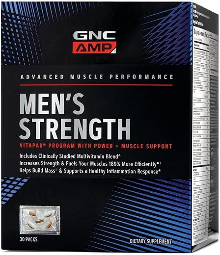 AMP Men’s Strength Vitapak | Programa de 3 Passos | Aumenta Força e Constrói Massa Muscular Eficientemente | 1.250 mg de Creatina PEG | Suplemento Diário de Vitaminas | 30 Unidades - GNC
