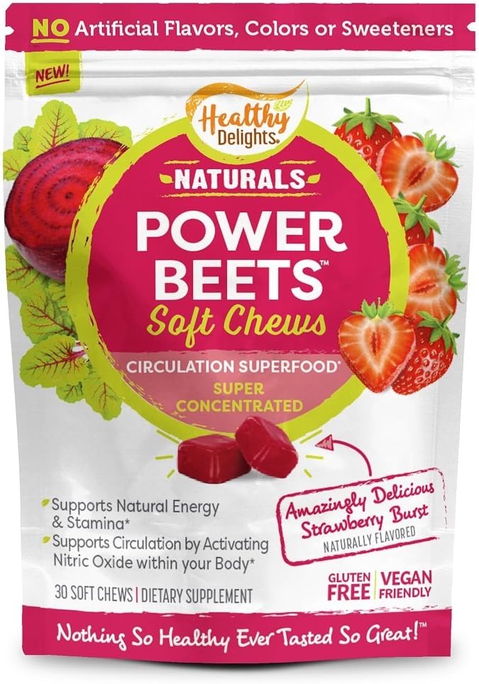 Naturals Power Beets Soft Chews – Morango Delicioso, Suplemento Concentrado Superfood, Suporte à Circulação, Energia Natural - Healthy Delights