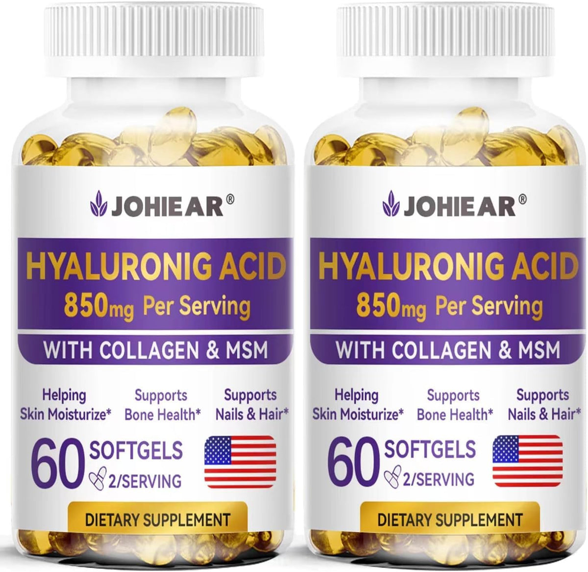 Johiear - Suplemento de Ácido Hialurônico 850mg em Cápsulas de Alta Bioacessibilidade para Hidratação da Pele, Lubrificação das Articulações, Saúde Ocular e Capilar