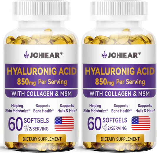 Johiear - Suplemento de Ácido Hialurônico 850mg em Cápsulas de Alta Bioacessibilidade para Hidratação da Pele, Lubrificação das Articulações, Saúde Ocular e Capilar