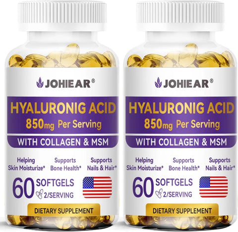 Johiear - Suplemento de Ácido Hialurônico 850mg em Cápsulas de Alta Bioacessibilidade para Hidratação da Pele, Lubrificação das Articulações, Saúde Ocular e Capilar