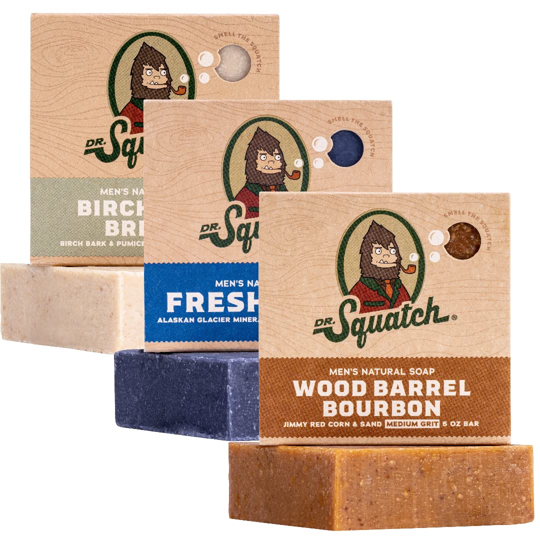Sabonete Natural Dr. Squatch para Homens – Sabonete em Barra Hidratante Feito com Óleos Naturais – Sabonete Artesanal sem Produtos Químicos Agressivos – Wood Barrel Bourbon, Fresh Falls, Birchwood Breeze – 100g