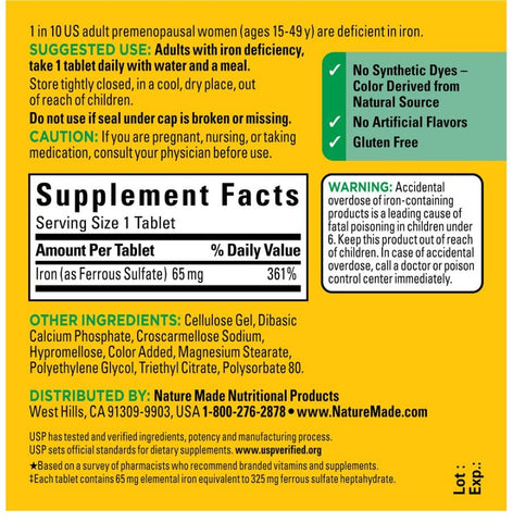 Adventure Home - Nature Made Ferro 65 mg (325 mg Sulfato Ferroso) Comprimidos, Suplemento Alimentar, 150 Unidades Guia Melhores Vitaminas Suplementos