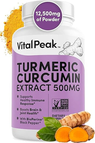 Vital Peak - Cúrcuma Curcumina com Pimenta Preta – Extrato de Curcumina 500mg com 95% de Curcuminoides | Suplemento Herbal de Cúrcuma Curcumina com Pimenta Preta – Suplemento de Curcuminoides – 60 Cápsulas