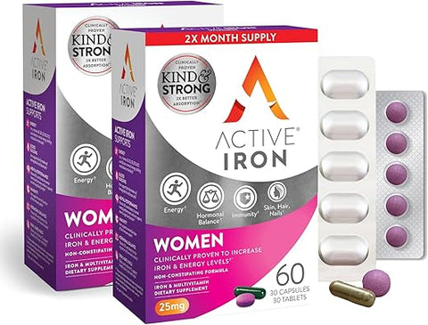 A ACTIVE - Active Iron for Women – 30 Cápsulas de Alta Potência de Ferro Ativo com 30 Comprimidos Multivitamínicos, Fortalece o Sistema Imunológico – 2 Pacotes