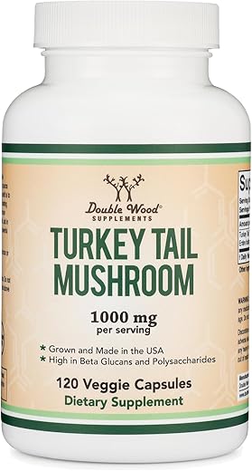 Double Wood Supplements - Suplemento de Cogumelo Turkey Tail (120 Cápsulas – 2 Meses de Fornecimento) (Coriolus Versicolor) Suporte Abrangente ao Sistema Imunológico, Livre de Transgênicos, Sem Glúten, Cultivado e Encapsulado em