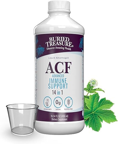 ACF Suporte Imunológico – 473 ml, 16 Porções, Vitamina C, Sabugueiro, Zinco, Reforço Imunológico Líquido com Vitaminas e Minerais c/ Copo Dosador - Buried Treasure