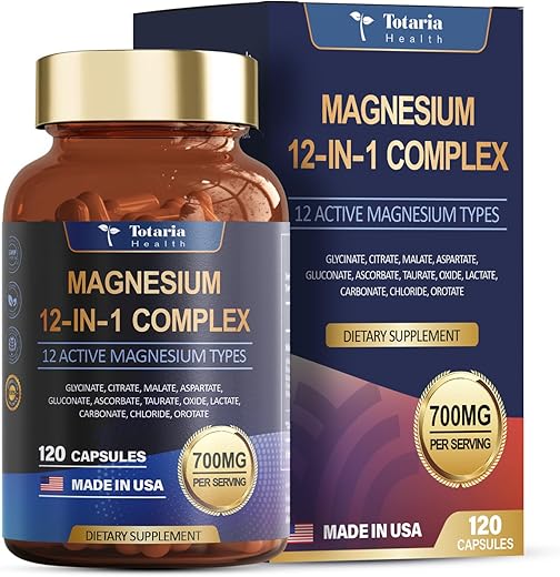 Totaria - Magnésio Complexo 700mg 12 em 1 Suplemento de Magnésio com Glicinato Citrato Malato Óxido Taurato Aspartato Orotato Relaxamento de Magnésio, Suporte Muscular e Cardíaco, Vegano 120 Cápsulas
