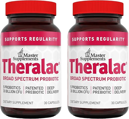 THERALAC - Master Supplements Theralac – 30 Cápsulas, Pacote de 2 – Probiótico Multi-Cepas para Saúde Intestinal Ótima Gases
